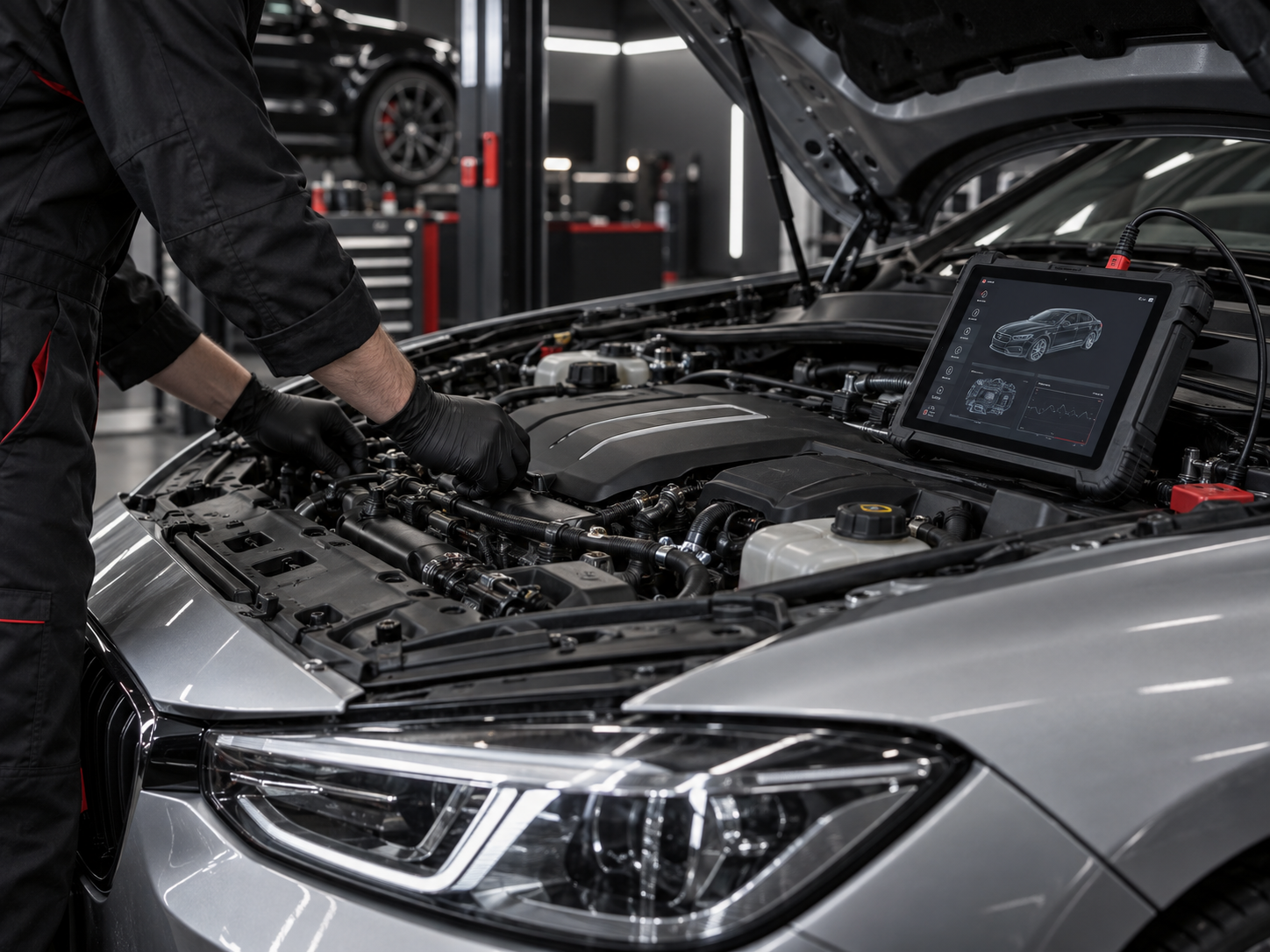 Technician inspecting a vehicle with diagnostic equipment