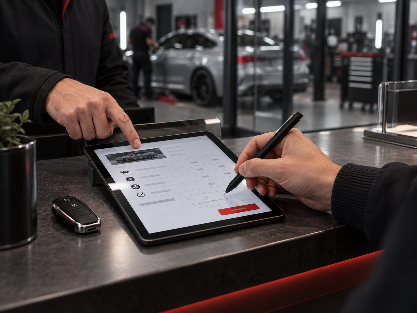 Customer reviewing and approving a repair estimate